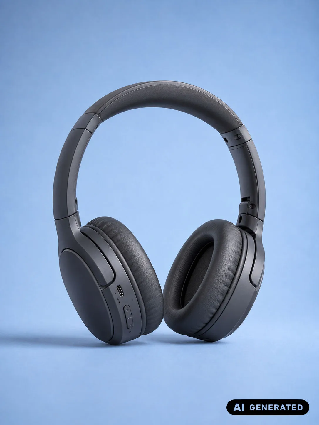 Black over-ear headphones on a blue background with an AI Generated label in the bottom-right corner.