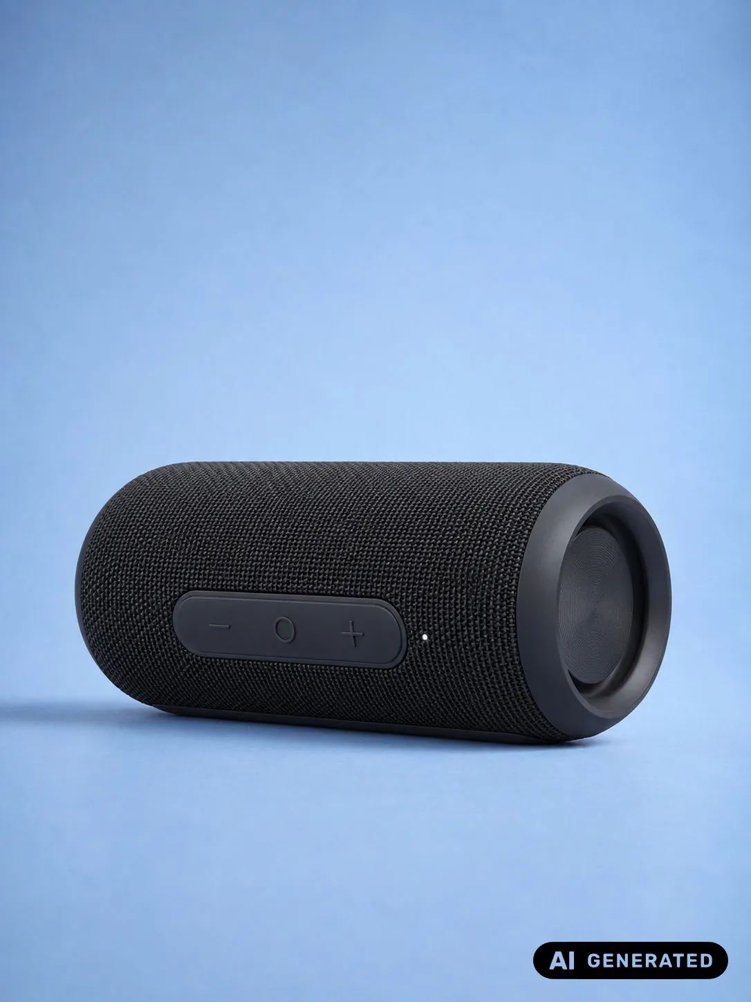 Black cylindrical loudspeaker on a blue background with an AI Generated label in the bottom-right corner.