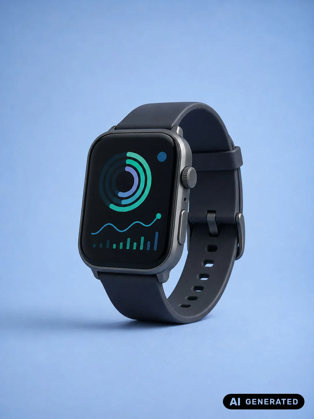 Dark smartwatch with a fitness display on a blue background with an AI Generated label in the bottom-right corner.